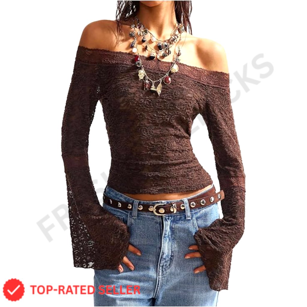 Boho Gothic Lace Off Shoulder Crop Top Bell Sleeve Sheer Fitted T-Shirt